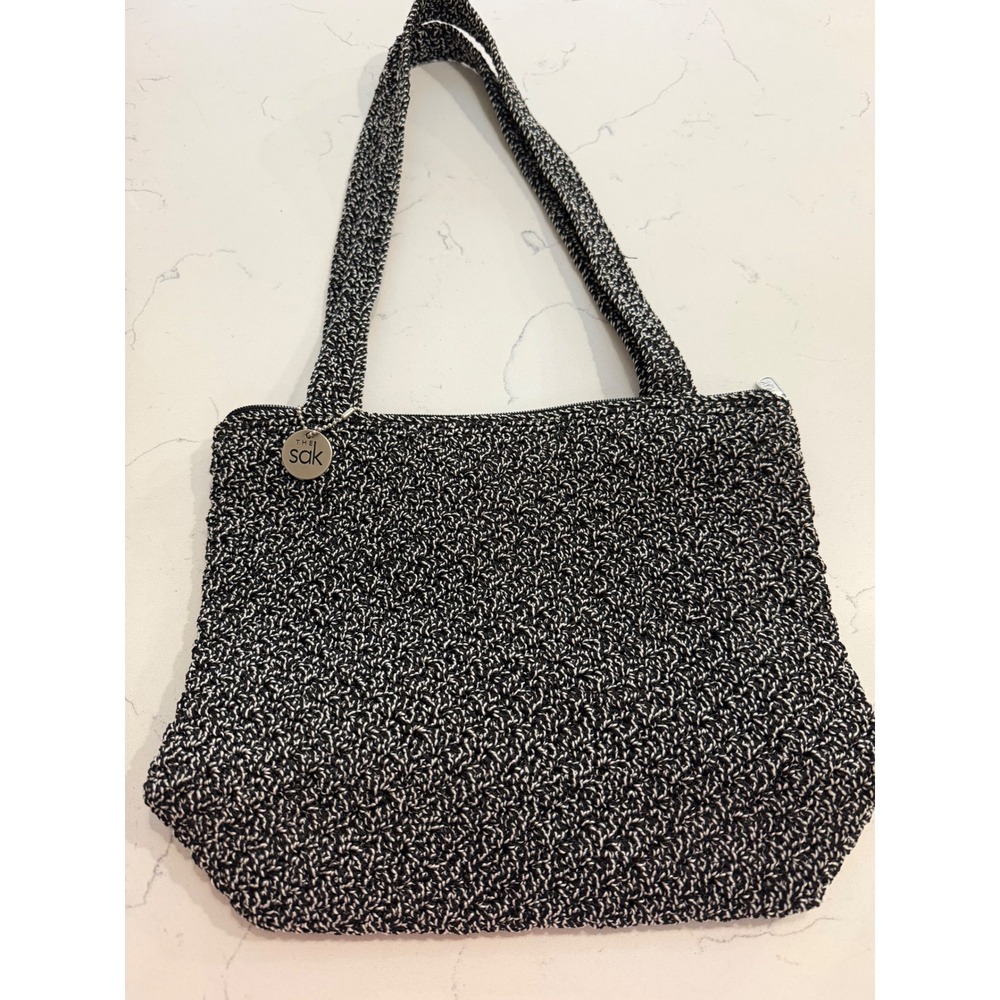 The Sak Crochet Tote Bag Black White Marled Knit Shoulder Bag IR-Sp 01